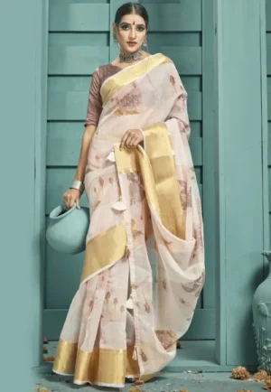 Digital Printed Cotton Saree in Light Beige