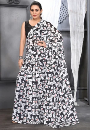 Digital Printed Georgette Saree in Black and White