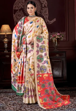 Digital Printed Pashmina Silk Saree in Cream