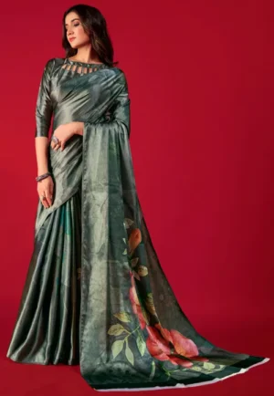 Digital Printed Satin Crepe Saree in Dusty Green