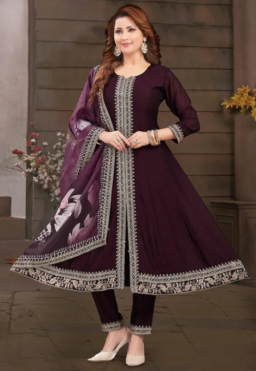 Embroidered Art Silk Anarkali Suit in Wine