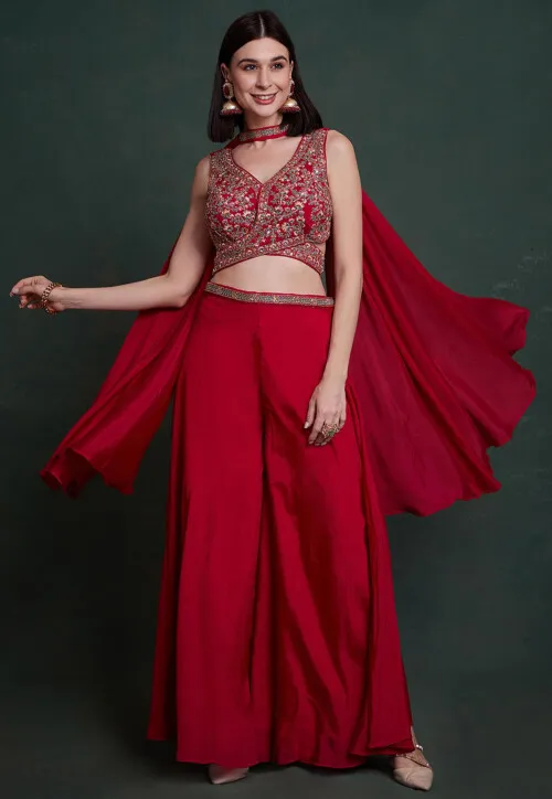 Embroidered Chinon Silk Crop Top Set in Red