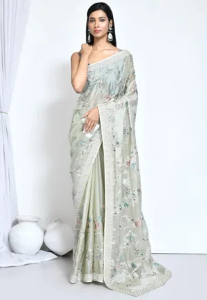 Embroidered Satin Silk Saree in Dusty Green