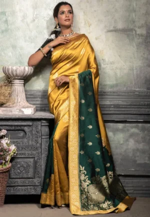 Half N Half Art Silk Saree in Mustard and Dark Green