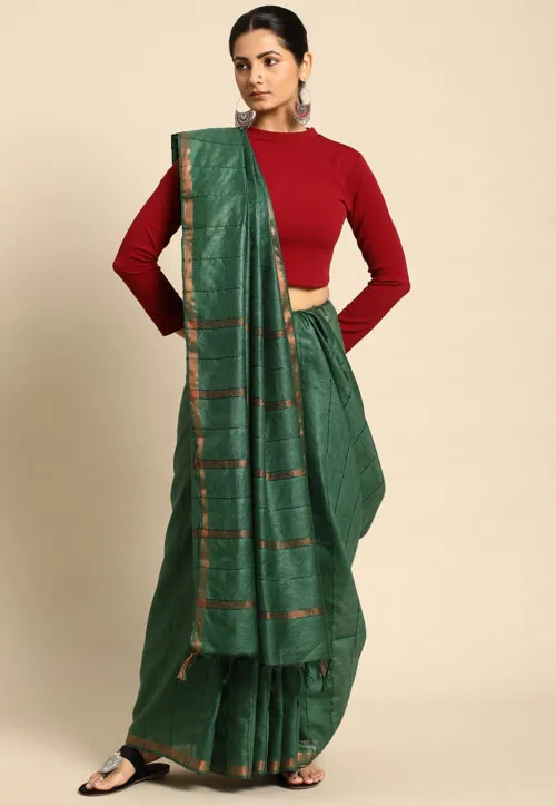 Woven Art Silk Saree in Dark Green