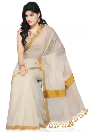 Woven Cotton Kerala Kasavu Saree in Off White