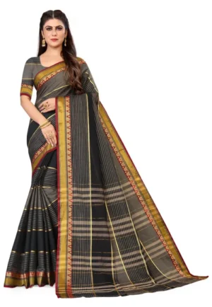 Woven South Cotton Saree in Dark Grey and Black