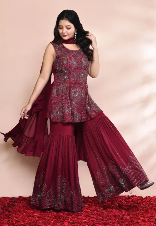 Hand Embroidered Chinon Chiffon in Maroon