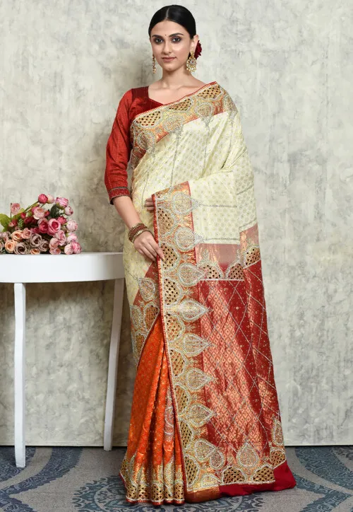 Hand Embroidered Pure Kanchipuram Saree in Cream and Orange